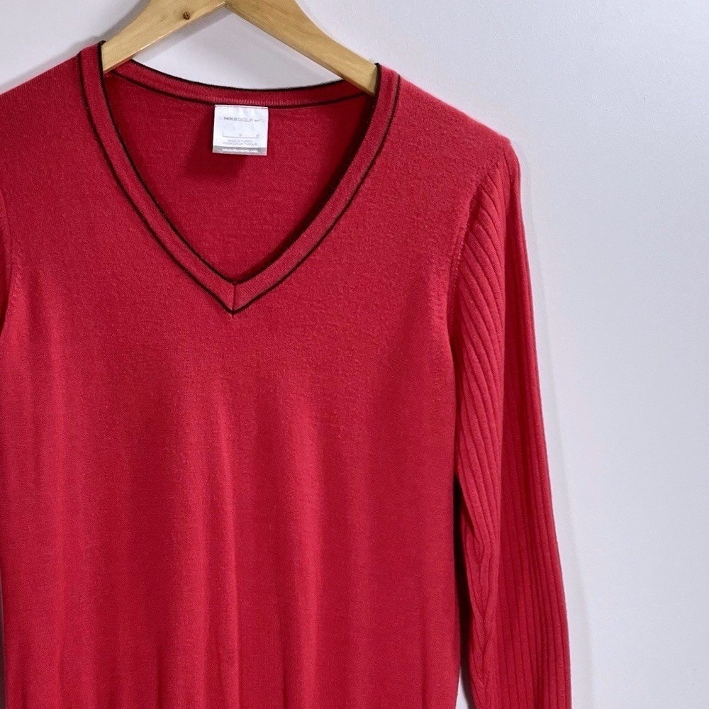 Nike Golf‎ Sweater Coral Red V-Neck Ribbed Sleeve Womens Large Wool Blend
